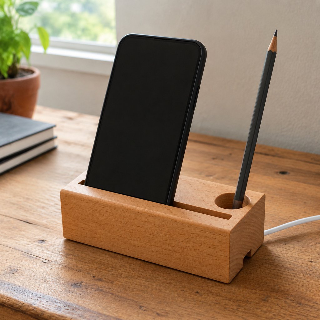 Support de téléphone inclinable en bois - rangement stylo intégré