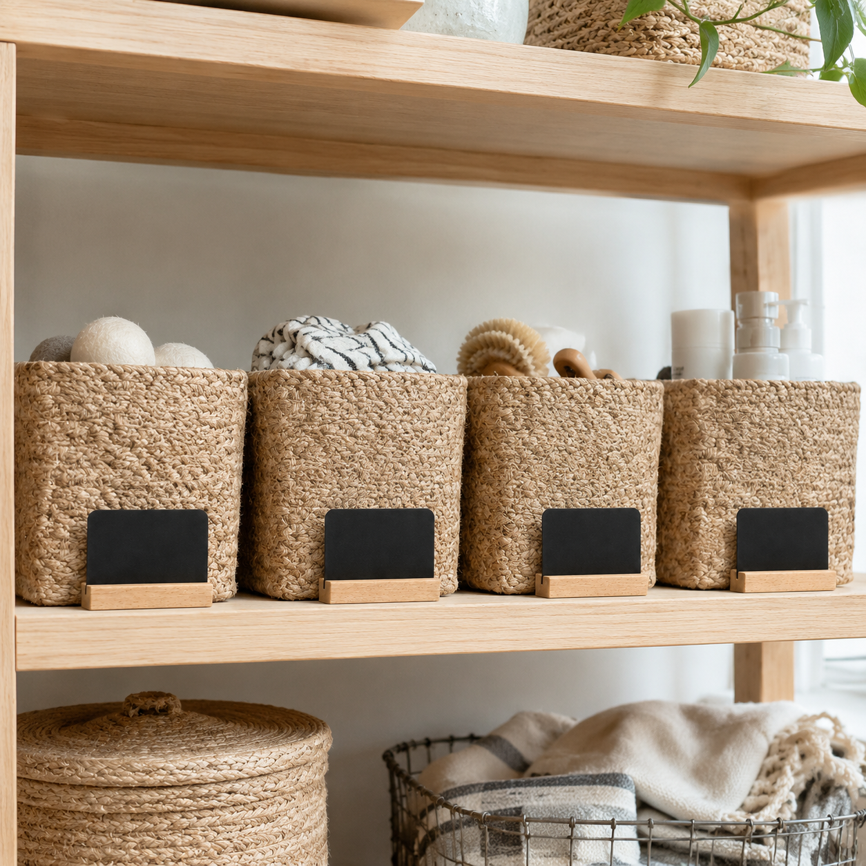 Étiquettes de rangement réinscriptibles avec support en bois - lot de 8