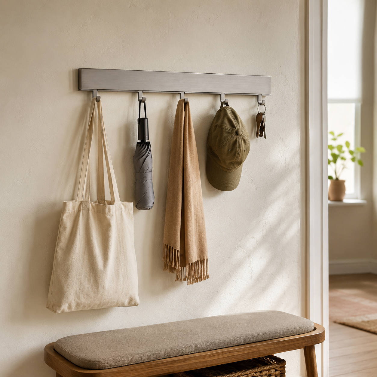 Support mural pour accessoires ménagers - 5 crochets mobiles