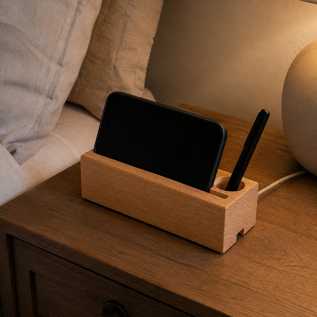 Support de téléphone inclinable en bois - rangement stylo intégré