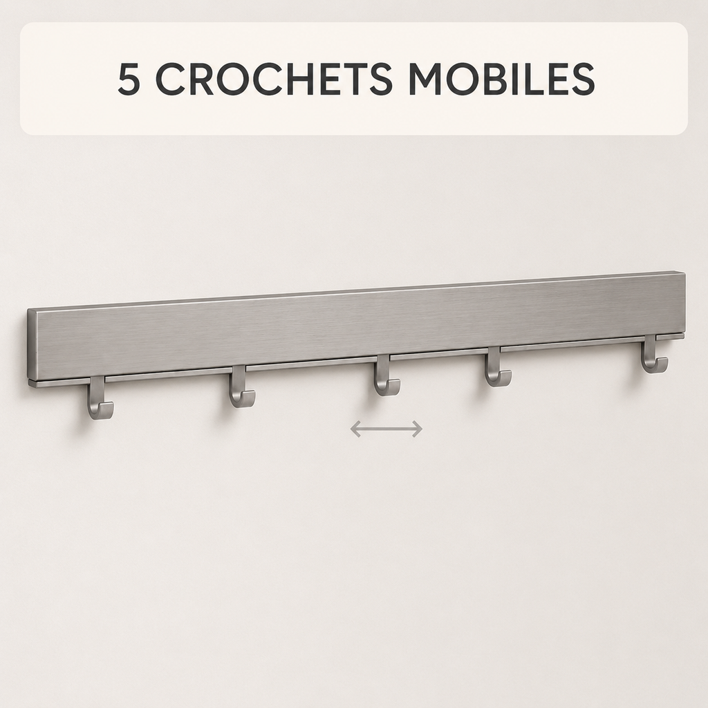 Support mural pour accessoires ménagers - 5 crochets mobiles